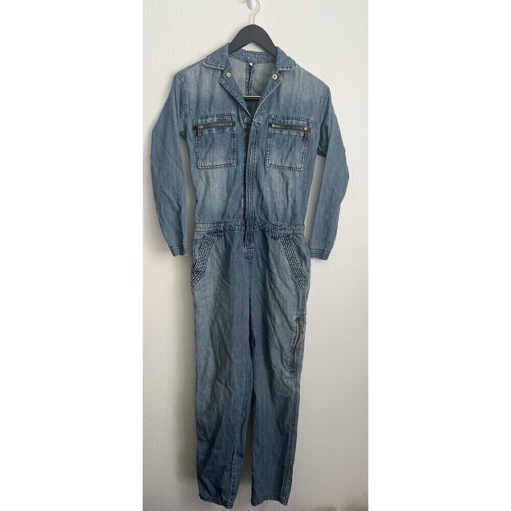 Free PEOPLE WE THE FREE DENIM JUMPSUIT COVERALL Long Sleeve Blue Zip Size 24